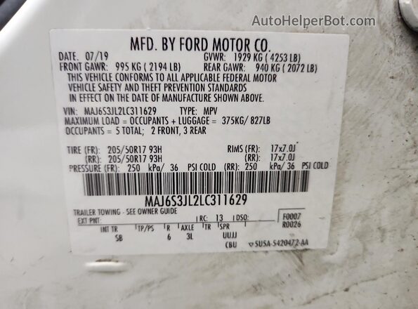 MAJ6S3JL2LC311629 2020 FORD ECOSPORT White Widok naklejki z numerem VIN