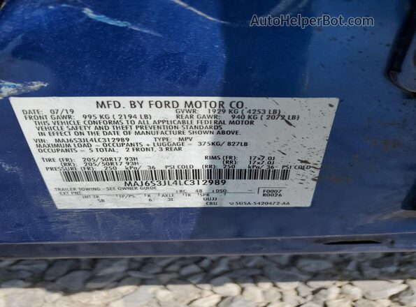 MAJ6S3JL4LC312989 2020 FORD ECOSPORT Blue Вид наклейки з VIN-кодом