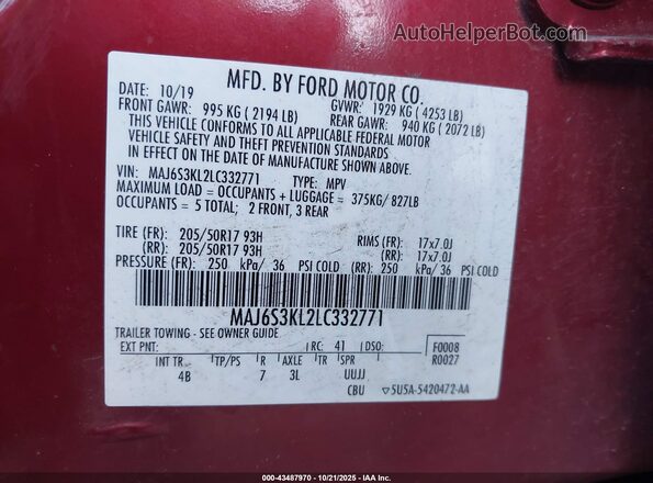 MAJ6S3KL2LC332771 2020 FORD ECOSPORT Red ძრავის განყოფილების ხედი