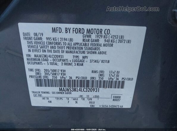 MAJ6S3KL4LC320931 2020 FORD ECOSPORT Blue Շարժիչի բաժամունքի տեսք