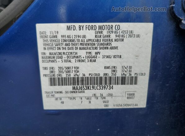 MAJ6S3KL9LC339734 2020 FORD ECOSPORT Синий Вид наклейки с VIN-кодом