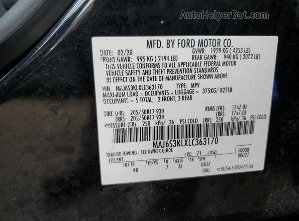 MAJ6S3KLXLC363170 2020 FORD ECOSPORT Black Widok naklejki z numerem VIN