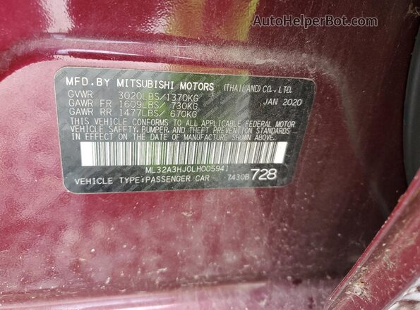 ML32A3HJ0LH005941 2020 MITSUBISHI MIRAGE Purple ძრავის განყოფილების ხედი
