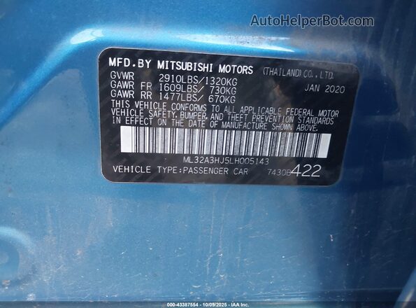 ML32A3HJ5LH005143 2020 MITSUBISHI MIRAGE Light Blue Вид подкапотного пространства