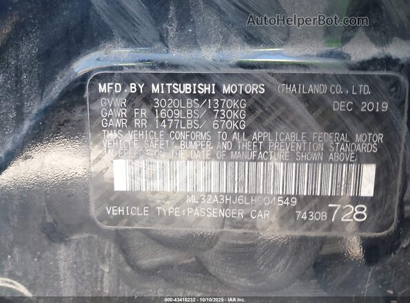 ML32A3HJ6LH004549 2020 MITSUBISHI MIRAGE Black ძრავის განყოფილების ხედი
