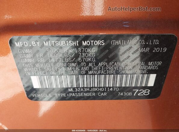 ML32A3HJ8KH011470 2019 MITSUBISHI MIRAGE Orange Вид підкапотного простору