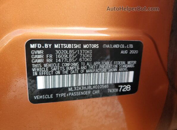 ML32A3HJ8LH010546 2020 MITSUBISHI MIRAGE Оранжевый Вид подкапотного пространства