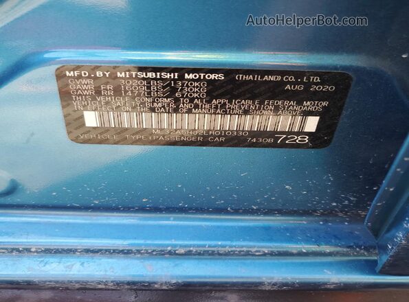 ML32A5HJ2LH010330 2020 MITSUBISHI MIRAGE Blue Vista del compartimento del motor