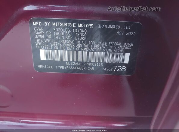 ML32AUHJ7PH003115 2023 MITSUBISHI MIRAGE Maroon Vista del compartimento del motor