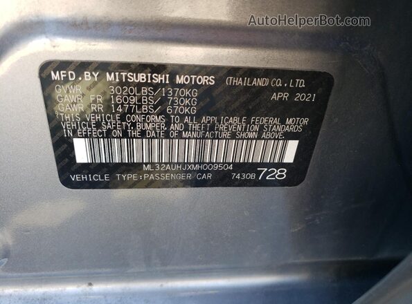 ML32AUHJXMH009504 2021 MITSUBISHI MIRAGE Silver 