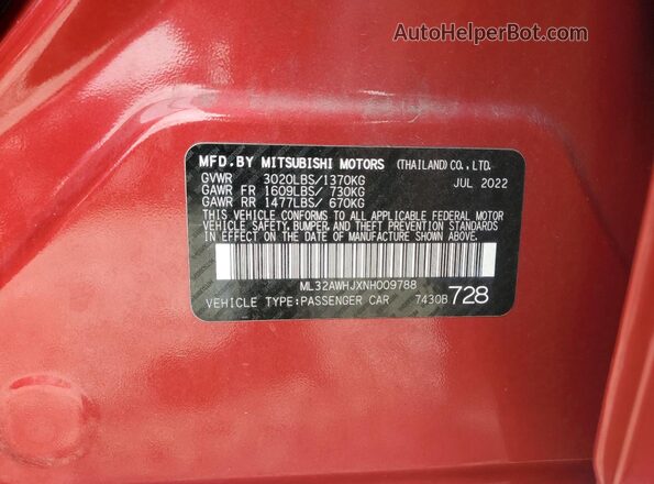 ML32AWHJXNH009788 2022 MITSUBISHI MIRAGE Red Engine compartment view