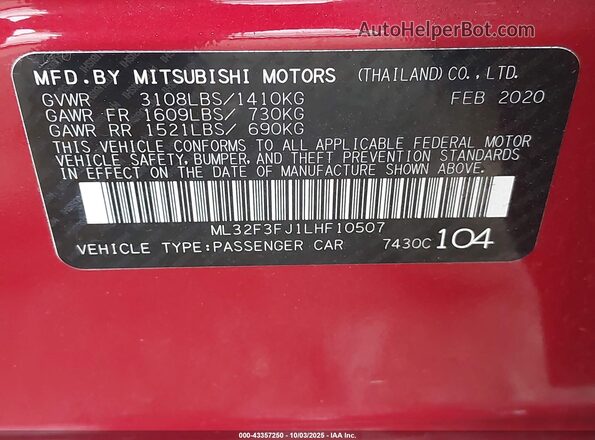 ML32F3FJ1LHF10507 2020 MITSUBISHI MIRAGE G4 Red Вид підкапотного простору