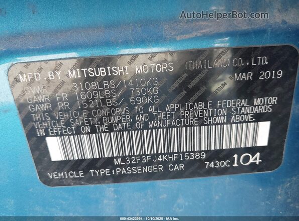 ML32F3FJ4KHF15389 2019 MITSUBISHI MIRAGE G4 Blue Instrument cluster view