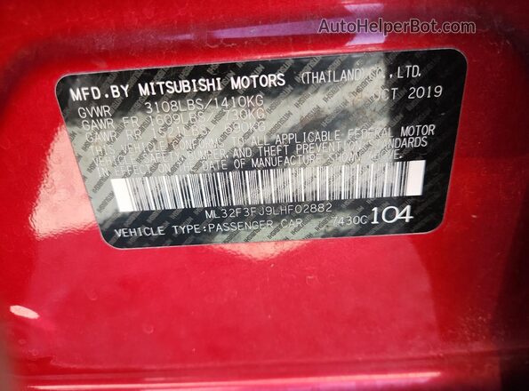 ML32F3FJ9LHF02882 2020 MITSUBISHI MIRAGE Красный Вид наклейки с VIN-кодом