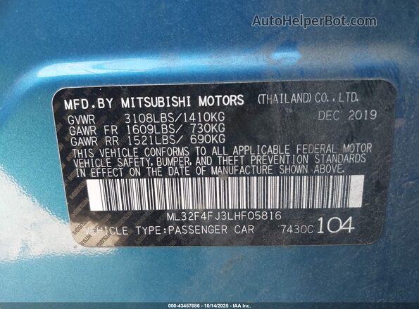 ML32F4FJ3LHF05816 2020 MITSUBISHI MIRAGE G4 Blue Vista del compartimento del motor