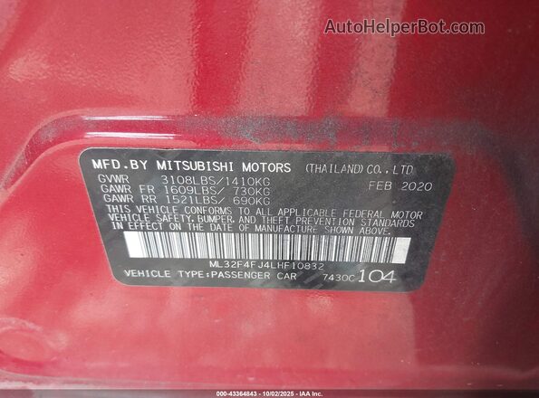 ML32F4FJ4LHF10832 2020 MITSUBISHI MIRAGE G4 Red ძრავის განყოფილების ხედი