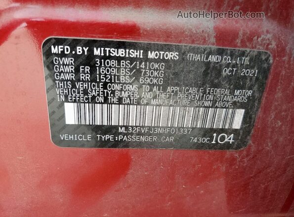 ML32FVFJ3NHF01337 2022 MITSUBISHI MIRAGE Red Vista de la etiqueta del VIN