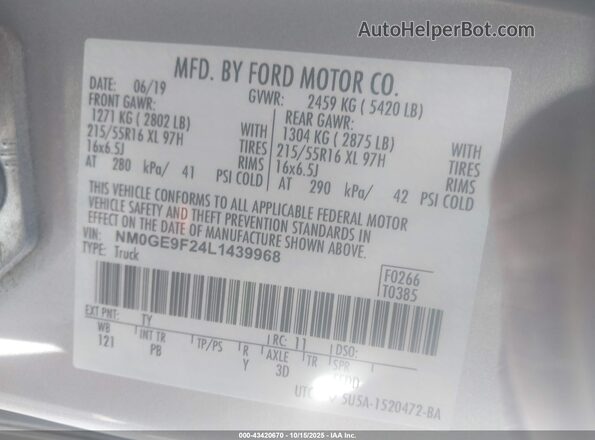NM0GE9F24L1439968 2020 FORD PASSENGER Серебряный 