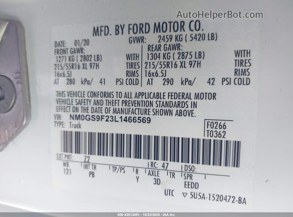 NM0GS9F23L1466569 2020 FORD PASSENGER White Շարժիչի բաժամունքի տեսք