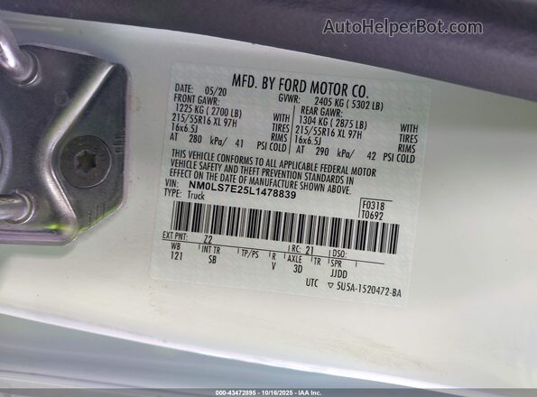 NM0LS7E25L1478839 2020 FORD TRANSIT CONNECT White Widok komory silnika