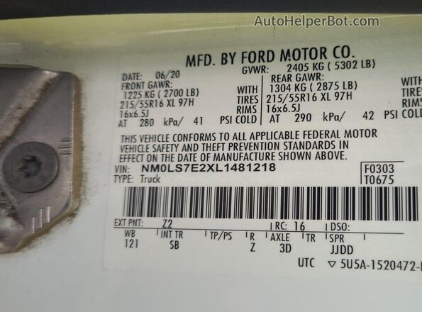 NM0LS7E2XL1481218 2020 FORD TRANSIT CONNECT  Vista interior delantera