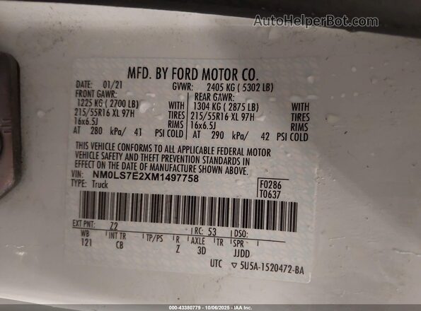 NM0LS7E2XM1497758 2021 FORD TRANSIT CONNECT White Vista del compartimento del motor