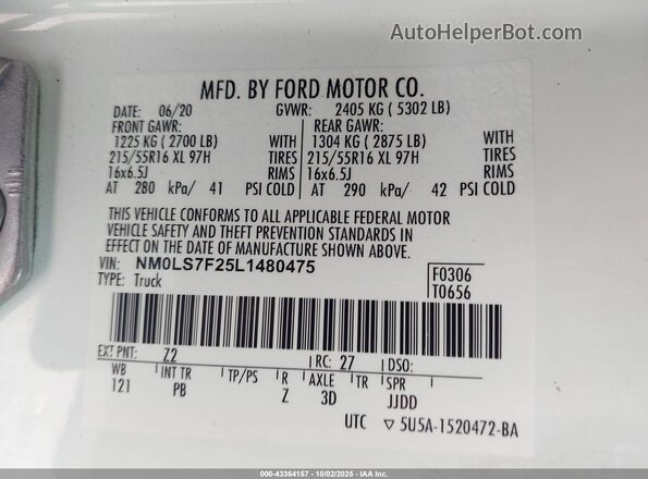 NM0LS7F25L1480475 2020 FORD TRANSIT CONNECT White Vista del compartimento del motor
