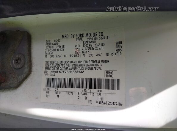 NM0LS7F73H1335132 2017 FORD TRANSIT CONNECT White Vista del compartimento del motor