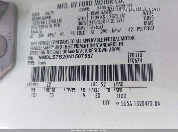 NM0LS7S20N1507557 2022 FORD TRANSIT CONNECT White Widok komory silnika
