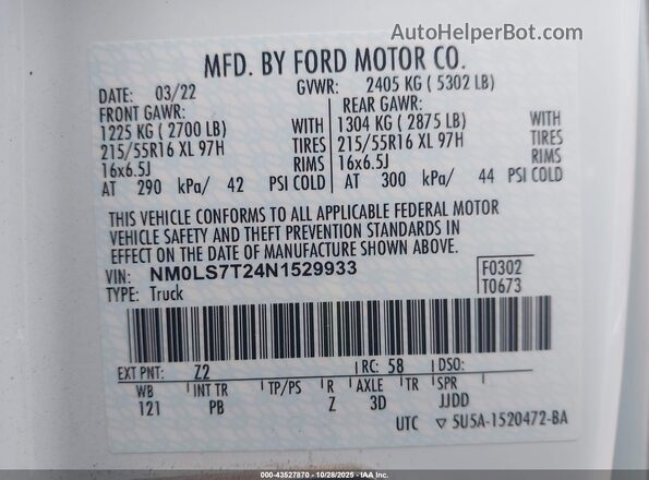 NM0LS7T24N1529933 2022 FORD TRANSIT CONNECT White Engine compartment view