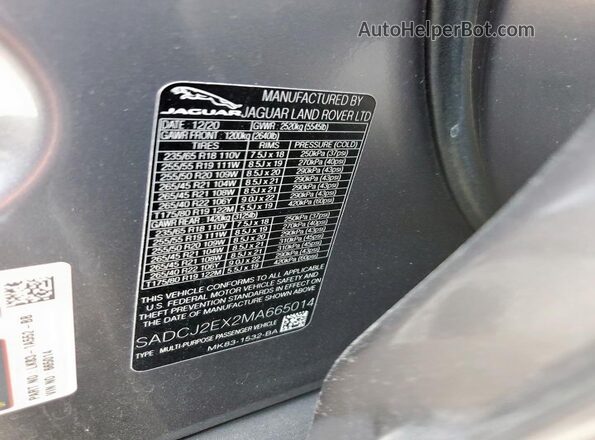 SADCJ2EX2MA665014 2021 JAGUAR F-PACE Gray VIN sticker view