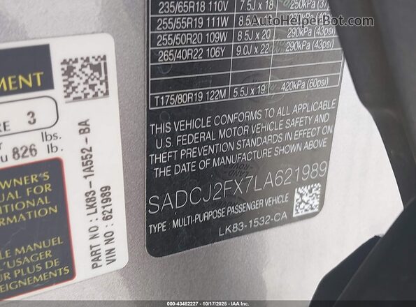 SADCJ2FX7LA621989 2020 JAGUAR F-PACE Gray ძრავის განყოფილების ხედი