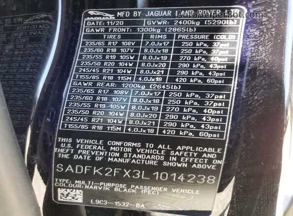 SADFK2FX3L1014238 2020 JAGUAR E-PACE Black Widok naklejki z numerem VIN