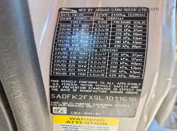SADFK2FX9L1011618 2020 JAGUAR E-PACE Бежевый Панорамный вид салона 360°