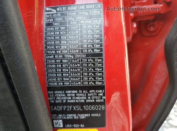 SADFP2FX5L1006028 2020 JAGUAR E-PACE Red 