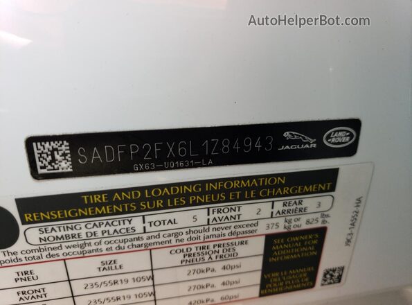 SADFP2FX6L1Z84943 2020 JAGUAR E-PACE White VIN კოდის სტიკერის ხედი