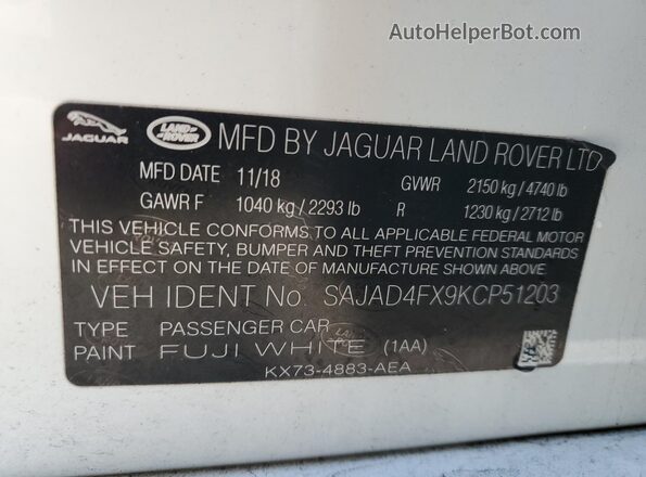 SAJAD4FX9KCP51203 2019 JAGUAR XF White ძრავის განყოფილების ხედი