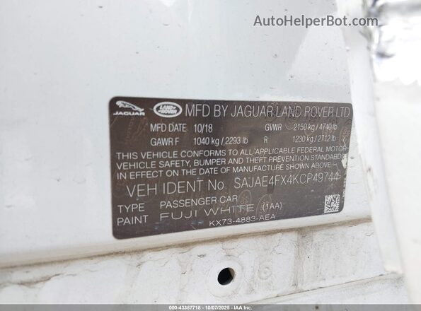 SAJAE4FX4KCP49744 2019 JAGUAR XF White Вид підкапотного простору