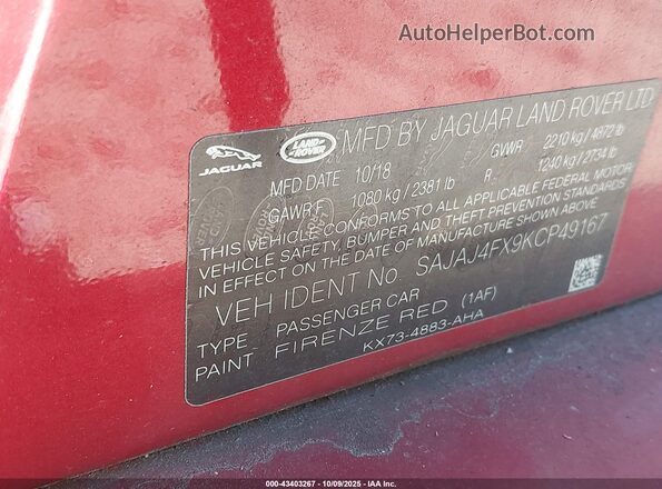 SAJAJ4FX9KCP49167 2019 JAGUAR XF Red ძრავის განყოფილების ხედი