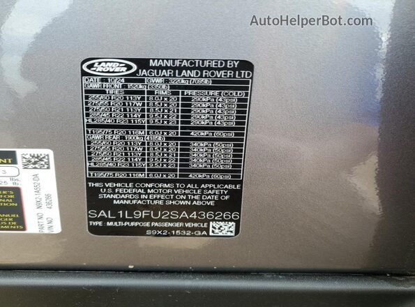 SAL1L9FU2SA436266 2025 LAND ROVER RANGE Gray Widok naklejki z numerem VIN