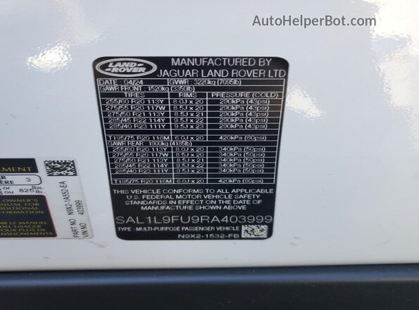 SAL1L9FU9RA403999 2024 LAND ROVER RANGE White Widok wnętrza 360 stopni