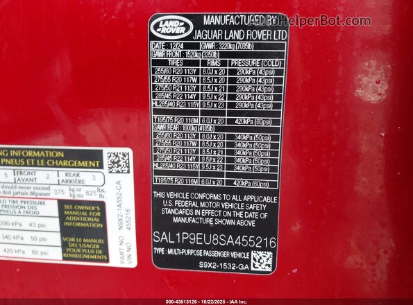 SAL1P9EU8SA455216 2025 LAND ROVER RANGE ROVER SPORT Красный Вид подкапотного пространства