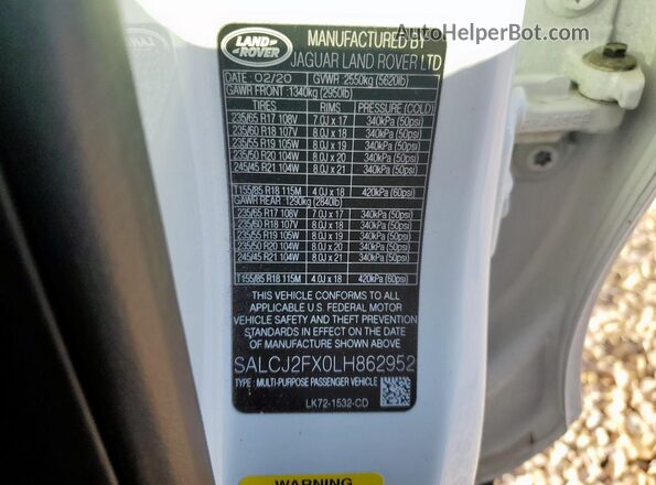 SALCJ2FX0LH862952 2020 LAND ROVER DISCOVERY White VIN կոդի պիտակի տեսք