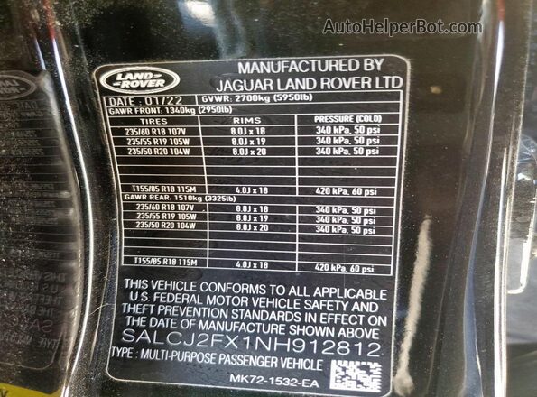 SALCJ2FX1NH912812 2022 LAND ROVER DISCOVERY Black VIN კოდის სტიკერის ხედი