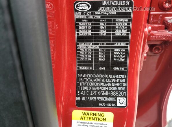 SALCJ2FX6MH888201 2021 LAND ROVER DISCOVERY Red Widok naklejki z numerem VIN