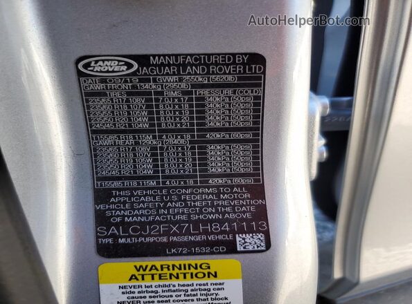 SALCJ2FX7LH841113 2020 LAND ROVER DISCOVERY Silver Панорамний вид салону 360°