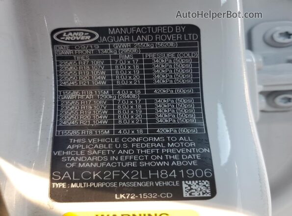 SALCK2FX2LH841906 2020 LAND ROVER DISCOVERY White ძრავის განყოფილების ხედი