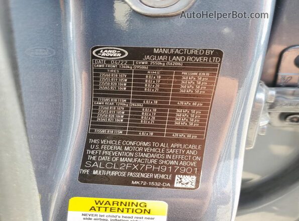 SALCL2FX7PH917901 2023 LAND ROVER DISCOVERY Gray Vista de la etiqueta del VIN