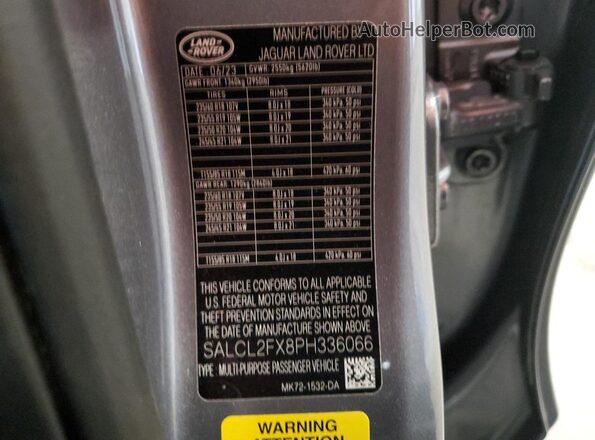 SALCL2FX8PH336066 2023 LAND ROVER DISCOVERY Gray Вид наклейки з VIN-кодом
