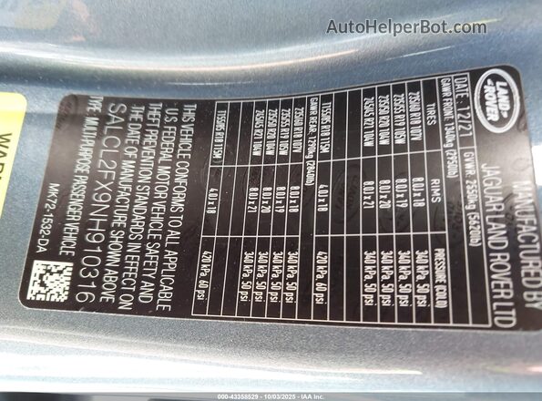SALCL2FX9NH910316 2022 LAND ROVER DISCOVERY SPORT Gray 